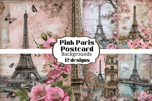 Vintage Pink Paris Postcard Backgrounds: Romantic Digital Papers for Crafters